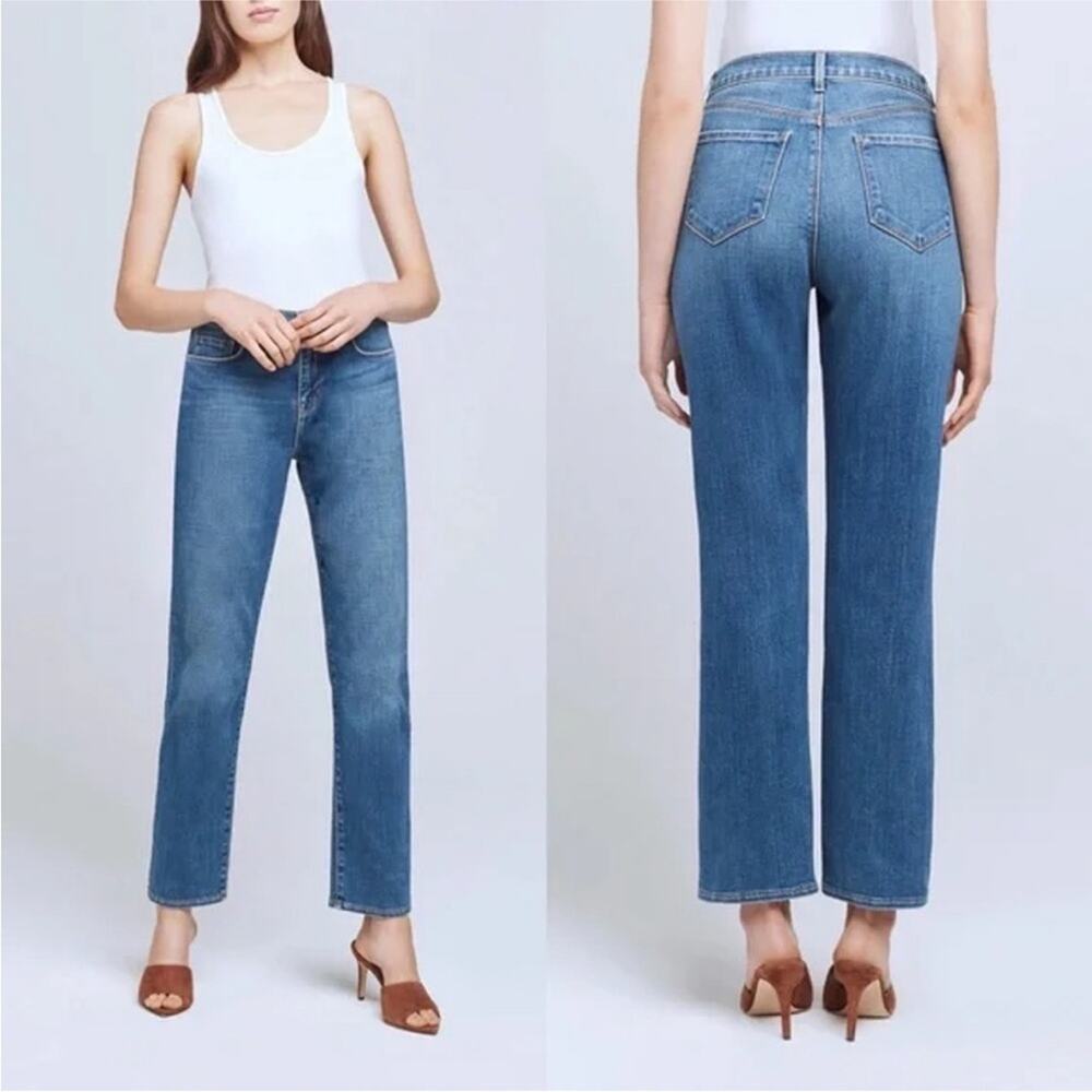 NEW L’AGENCE REVOLVE Shane Mid Rise Blue Wash Slouchy Straight Leg Denim Jean 25